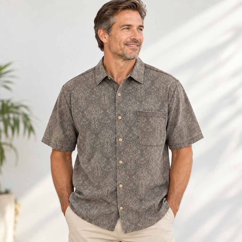 Nat‎ Nast Luxury Originals Shirt Mens L Silk Cotton Cigar Damask Short Sleeve